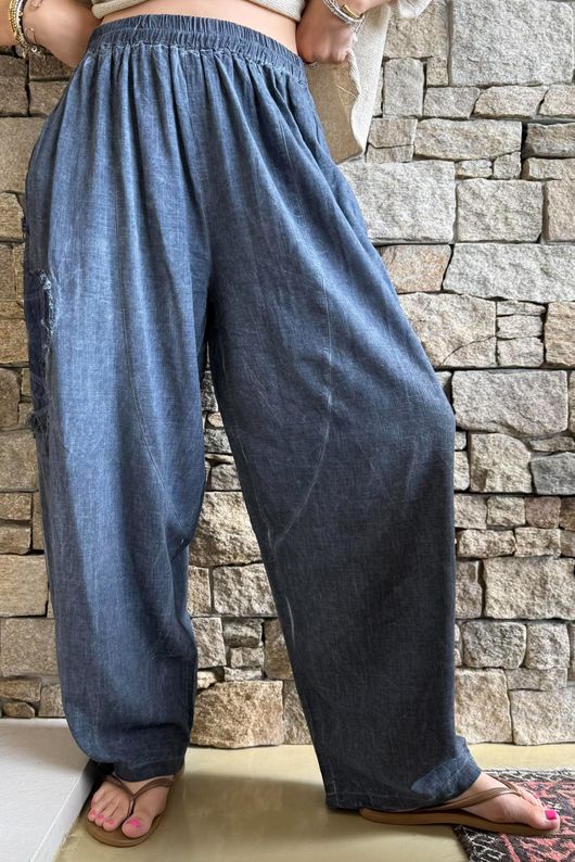 Lindin Linen Blend Crochet Flower Barrel Pant Washed Navy